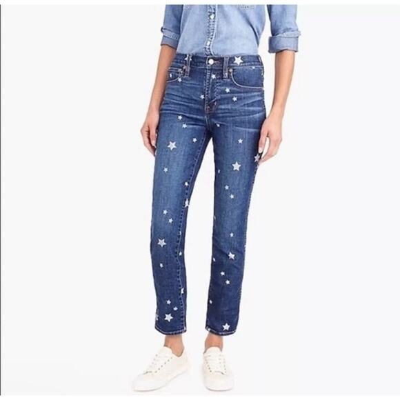 J Crew Vintage Straight Jeans 30 Ankle White Stars Patriotic July Blue BBQ Party - Picture 9 of 10